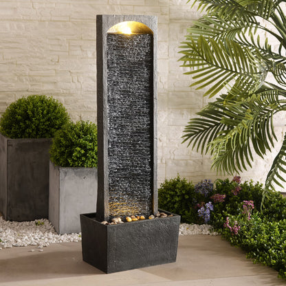 Teamson Home 38.5" Faux Slate Contemporary Outdoor LED Waterfall Fountain with Pebble Base, Red Rock