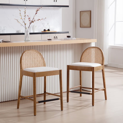 Guyou Modern Bar Stools Set of 2, 26" Counter Height Bar Stools with Natural Rattan Back and Solid Wood Frame, Sherpa Upholstered Kitchen Island Chairs for Bar Island Cafe Kitchen, Black