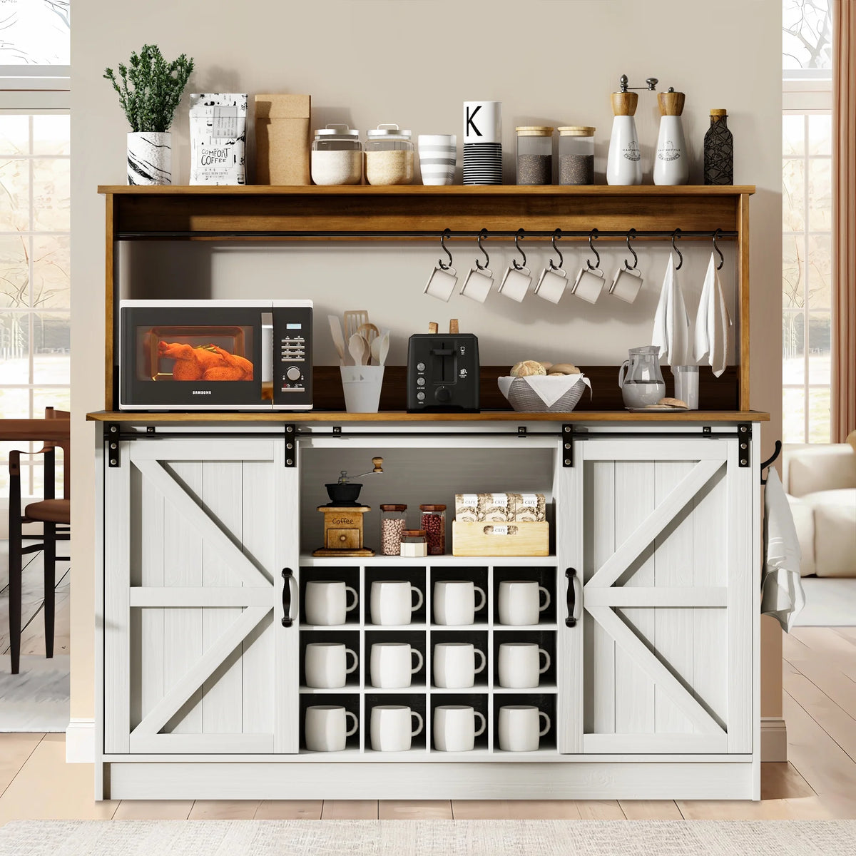 DreamCurship 55" Farmhouse Coffee Bar Cabinet, Buffet Sideboard Storage Cabinet, Wine Bar Cabinet with Wine Rack, White