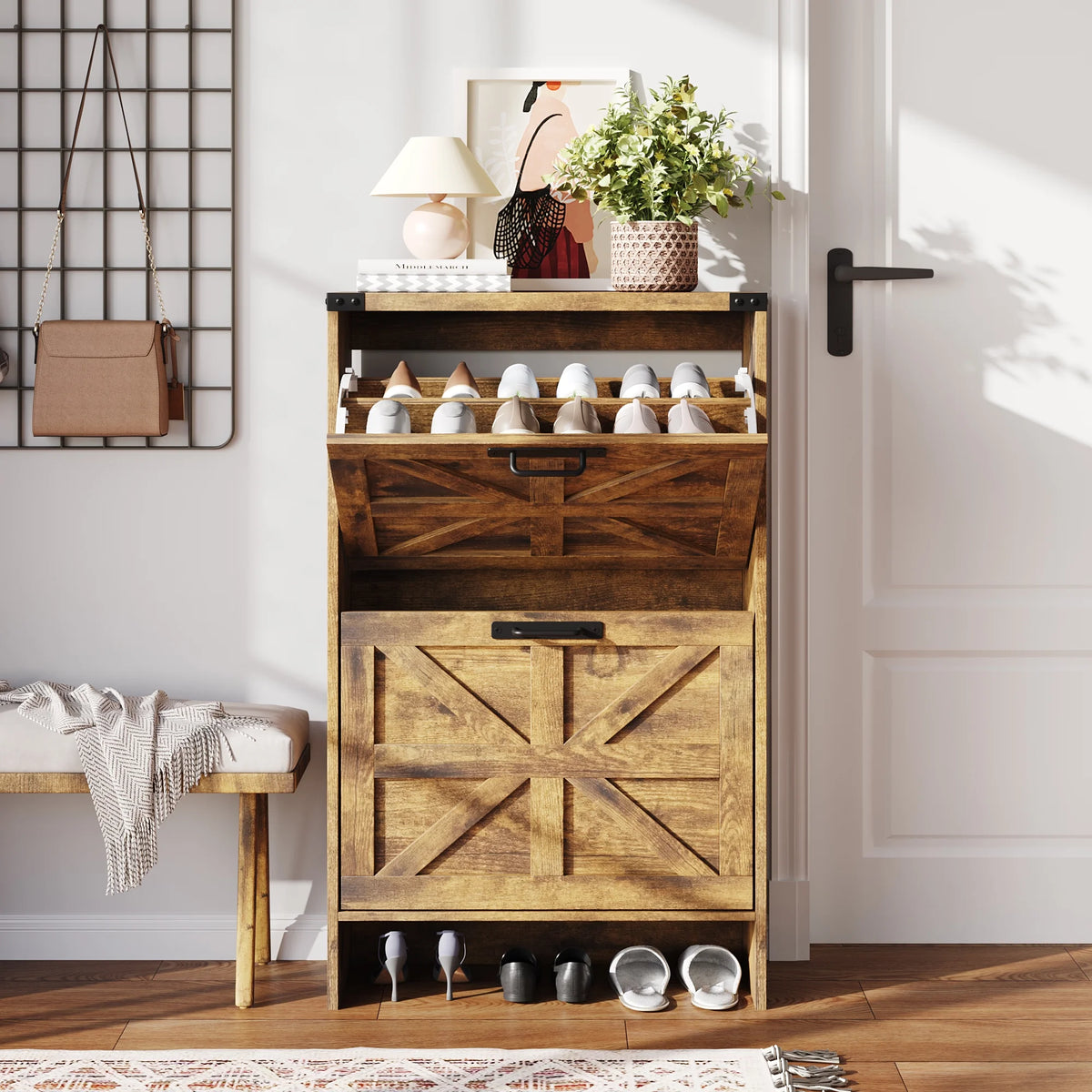 VEANERWOOD Shoes Storage Cabinet With Doors, Farmhouse Shoe Cabinet With 2 Flip Drawers For Entryway,Gray