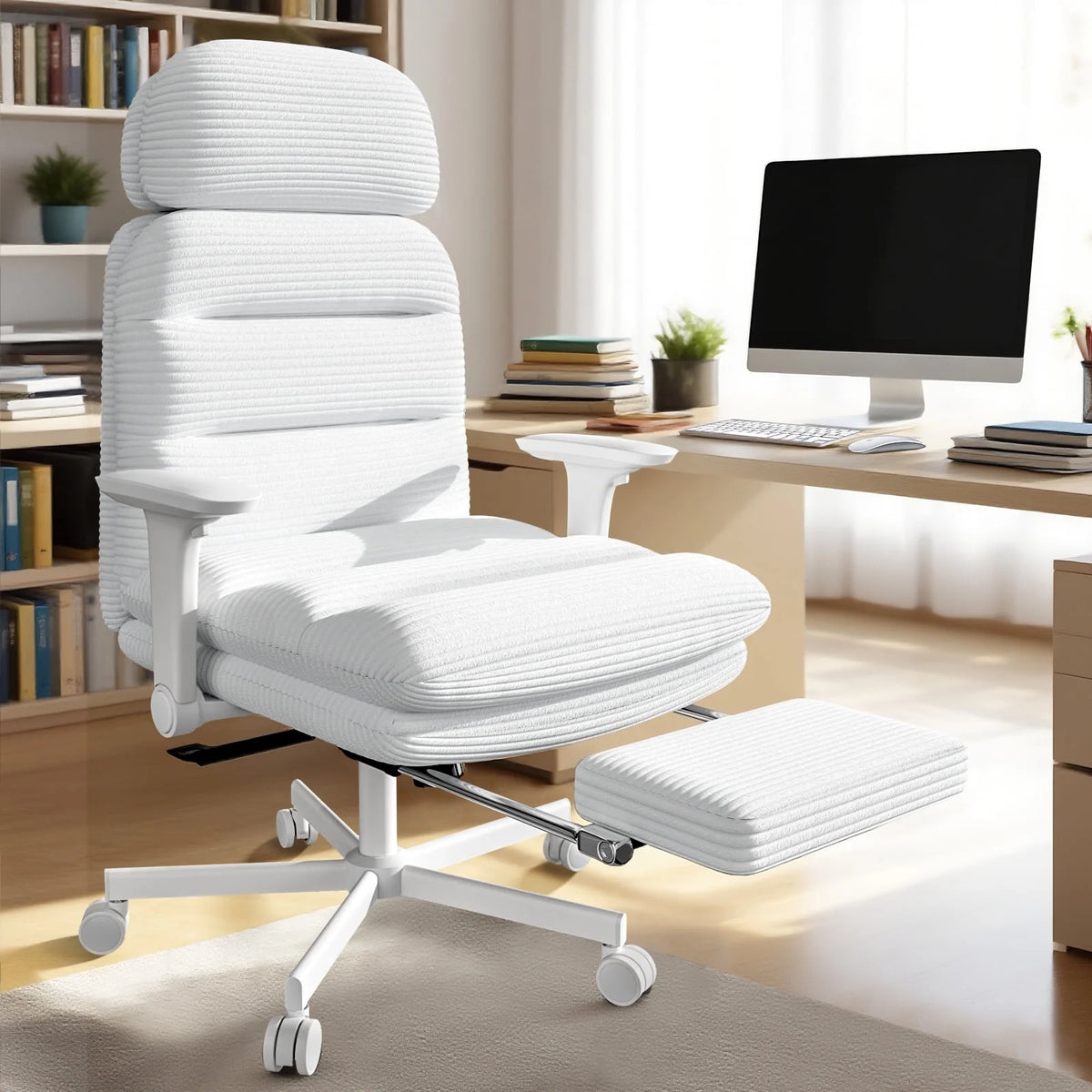 HomeZeer Ergonomic Cross-Legged Office Chair with Footrest & Headrest, Heavy Duty Executive Desk Chair with Flip-up Armrests, Corduroy Fabric Computer Criss Cross Chair for Home Office, Black