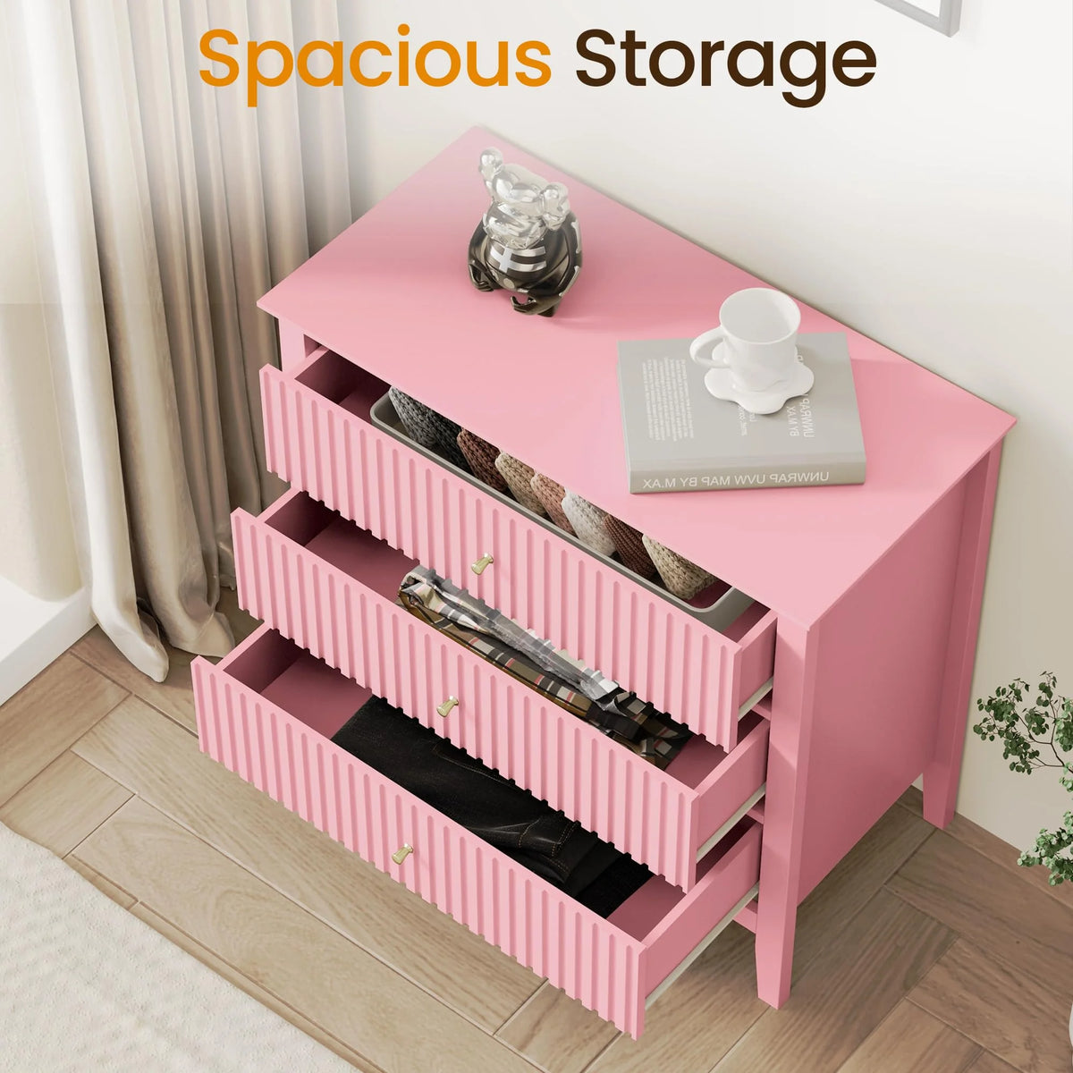 Heynemo Beige 6 Drawer Dresser, Fluted Modern Wood Chest