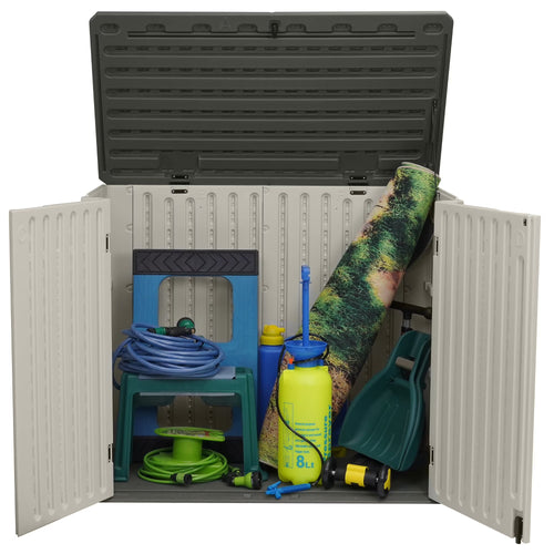 EHHLY Horizontal Resin Storage Shed, 47 Cuft Garden Tool Sheds & Outdoor Storage, Outdoor Plastic Storage Cabinet Waterproof, 4.5 x 2.8 ft Backyard Outside Lawn Mower Storage Shed, Vanilla