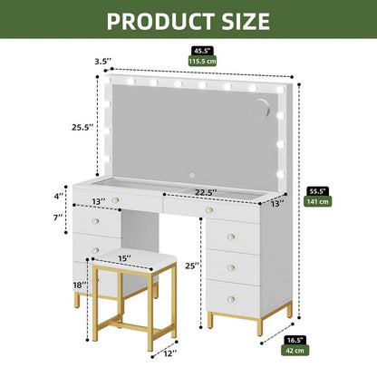 Uforic 55" Vanity Desk with Lighted Mirror & Power Outlet & 8 Drawers, Modern Makeup Vanity Table Set with Storage Stool, White
