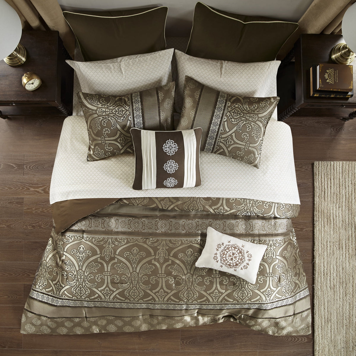 Home Essence Dennie 16 Piece Jacquard Complete Bedding Set With 2 Sheet Sets, King, Brown