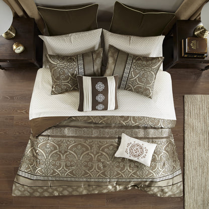 Home Essence Dennie 16 Piece Jacquard Complete Bedding Set With 2 Sheet Sets, King, Brown