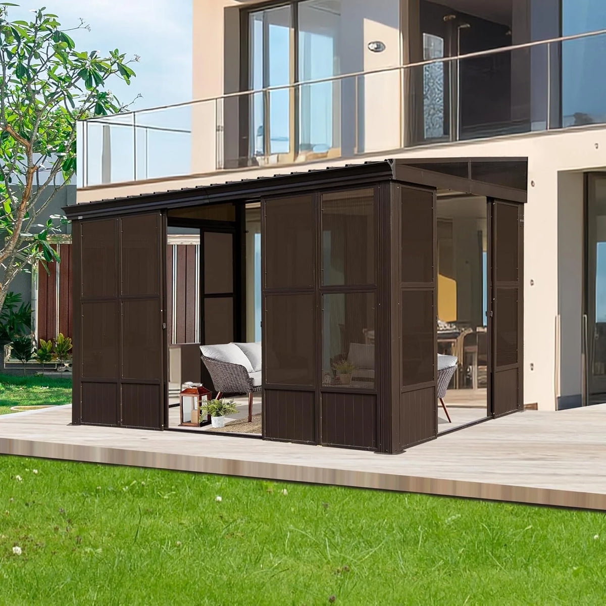 TOTAL Outdoor 10'x12' All-Season Sunroom Gazebo with Steel Roof, PVC Screen, Front & Side Door, Brown