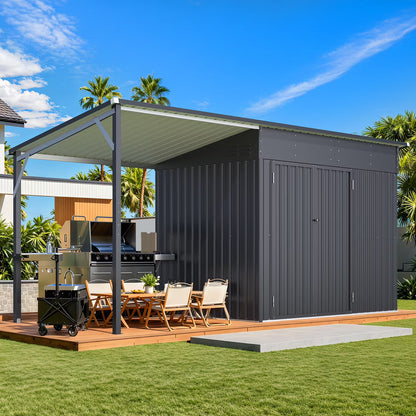 YODOLLA Outdoor Open-Sided Storage Shed, 3x5 Sheds & Outdoor Storage with 15 Sq. Ft Covered, 5x3 Small 2-in-1 Tool Shed with Attached Hardtop Metal Pergola Gazebo