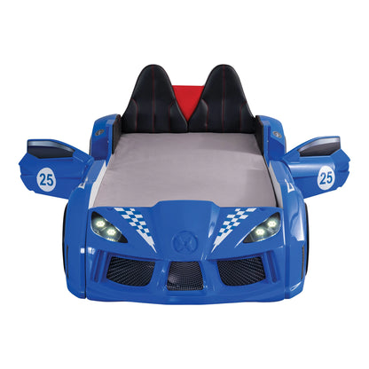 Furniture of America Dash Kids Plastic Twin Race Car Bed with LED and Sound, White