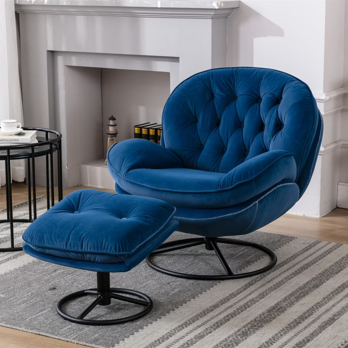 Velvet Swivel Accent Chair with Ottoman, Modern Chaise Lounge Chair with Metal Frame and Footstool, Comfy Armchair Reading Chair for Living Room Bedroom Office,Blue