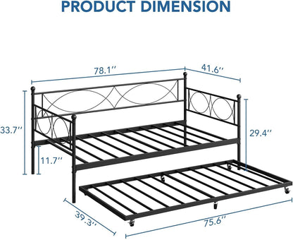 Senfot Twin Daybed with Trundle, Pull Out Trundle Day Bed, Twin Mattress Foundation with Metal Slats, Modern Sofa Bed for Living Room, Bedroom, and Guest Room, Black