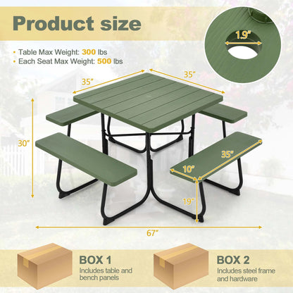 Costway Outdoor 8-person Square Picnic Table Bench Set with 4 Benches & Umbrella Hole White