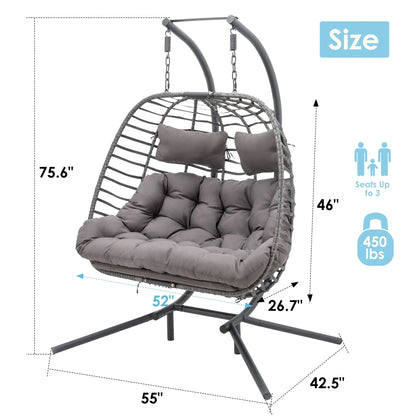 Brafab 2 Person Swing Egg Chair with Sturdy Stand and Fluffy Cushion, Large Double Hand-Woven Wicker Rattan Hanging Egg Chairs, Porch Swing Loveseat 500LBS Capacity for Indoor Outdoor, Light Grey