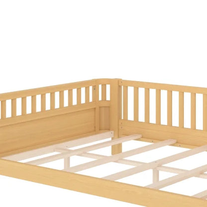 Bellemave Full Size Bed Frame, Full Montessori Bed with Safety Guardrails and Detachable Fence, Wood Full Daybed Frame, Low Profile & Rounded Corners Design, Natural