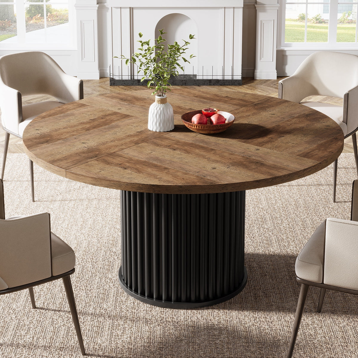 Tribesigns Black Round Dining Table for 4-6 People, 47.24-Inch Circle Wood Kitchen Table with Sturdy Fluted Metal Base, Modern Dining Room Furniture