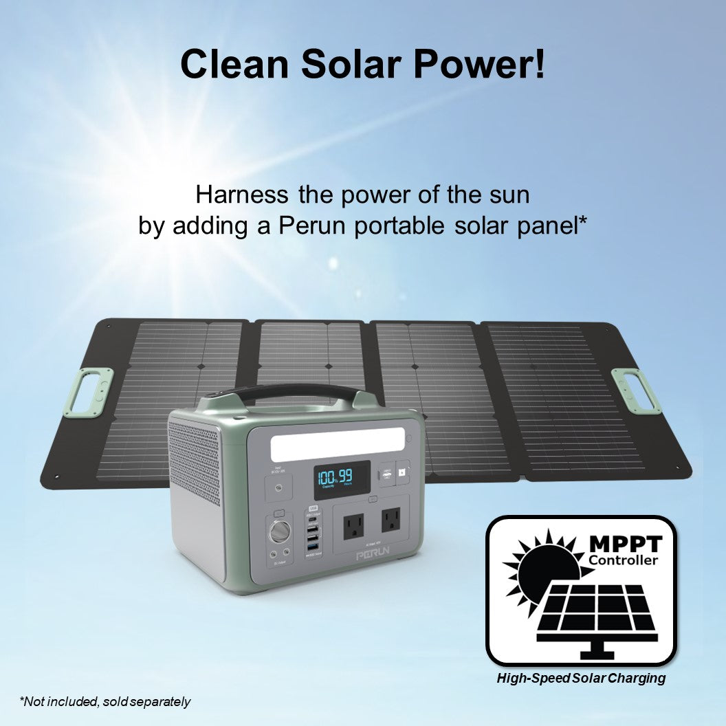 PERUN Portable Power Station Pure Sine Wave Solar Generator, 1200 Peak starting Watts 600 Watts continuous Powered by Yard Force, Jumpstart capable, LED light, home, camping, electronic devices