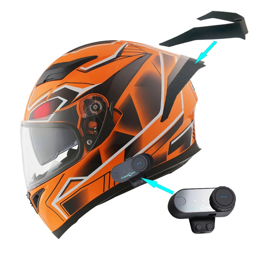 1Storm Motorcycle Modular Full Face Flip up Dual Visor Helmet + Spoiler + Motorcycle Bluetooth Headset: HJK316 Mechanic Red