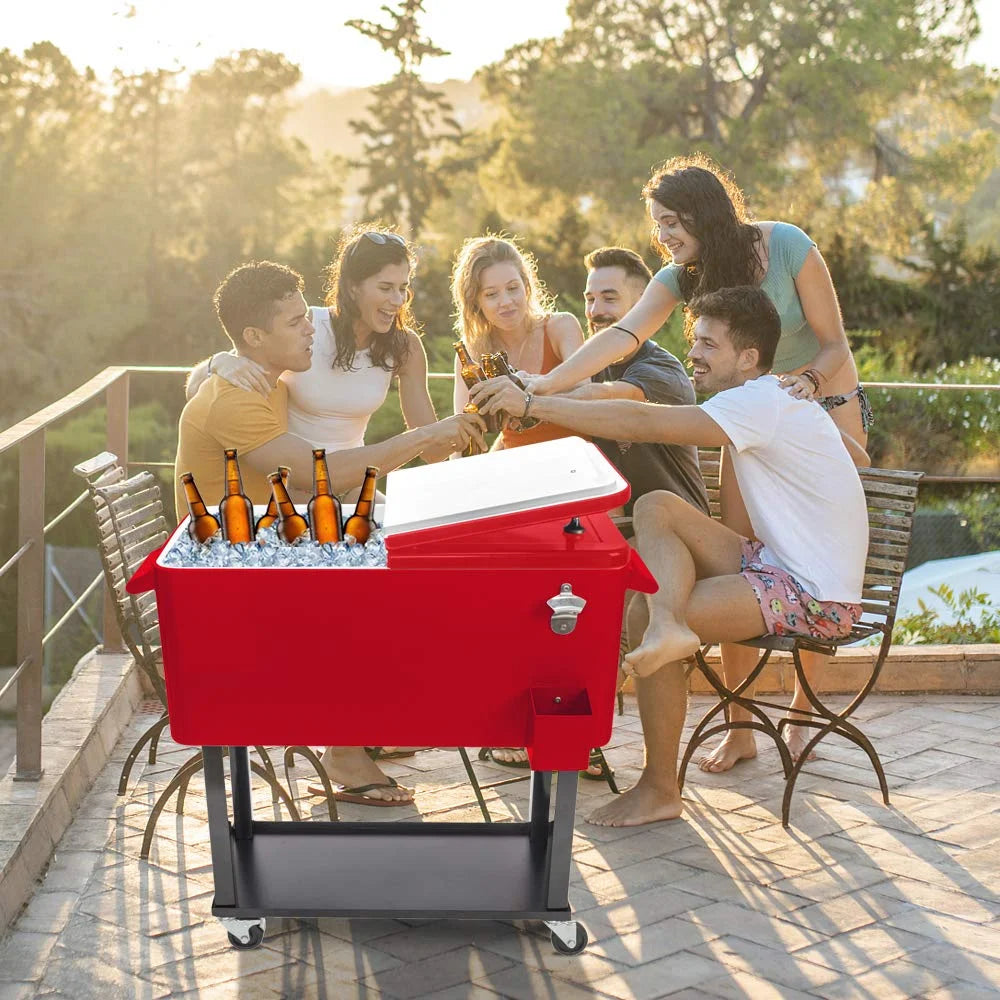 BNSPLY 80 Quart Outdoor Cooler Cart Rolling Ice Chest Cooler Cart, Portable Patio Cooler with Bottle Opener, Handles and Drainage, Standing Cooler for Patio Party, Camping and BBQ, Mint Green