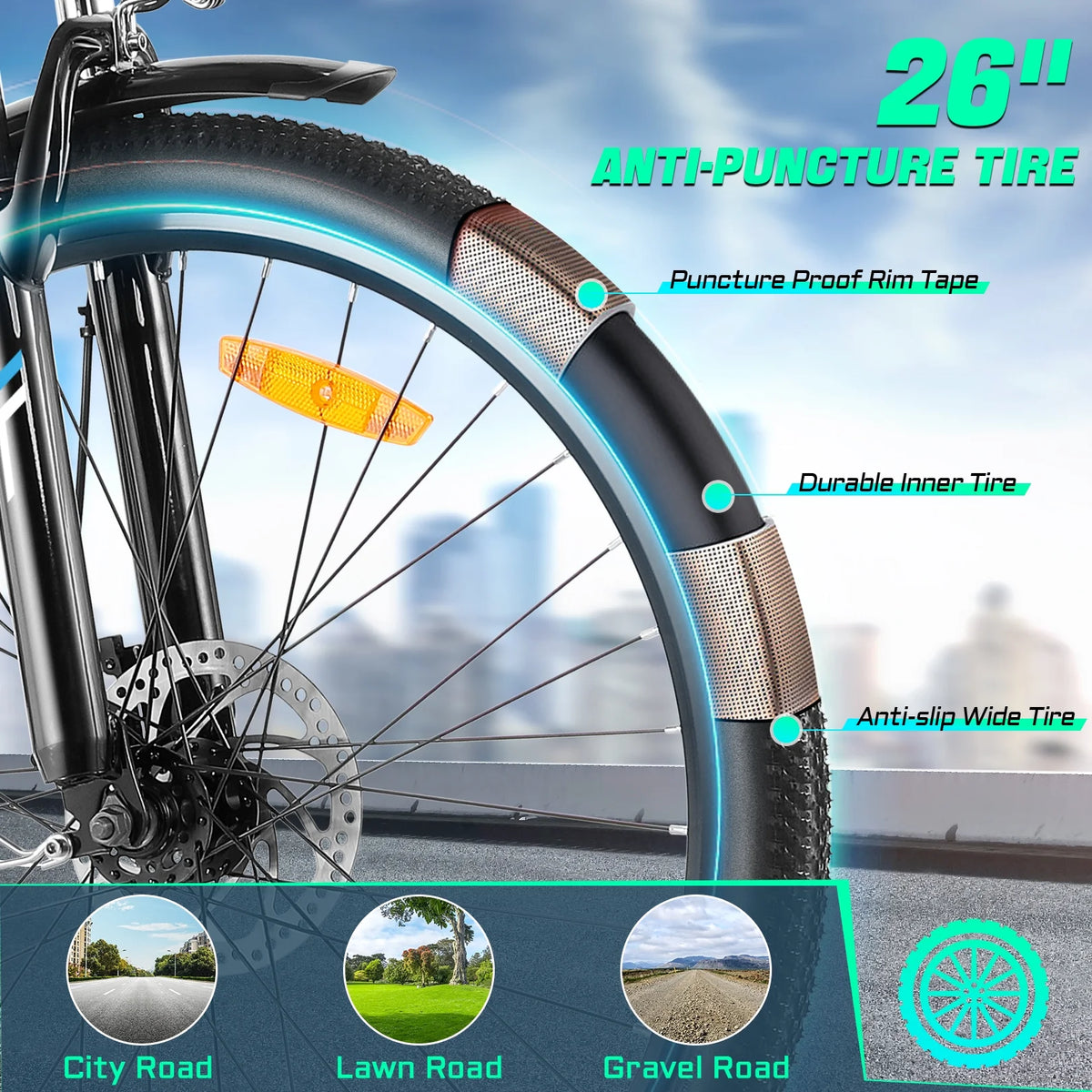Gocio 26" Electric Bike for Adults, 500W Electric Cruiser Bike, 48V/7.8Ah Removable Battery, 7 Speed, City Commuting E-bike, UL2849