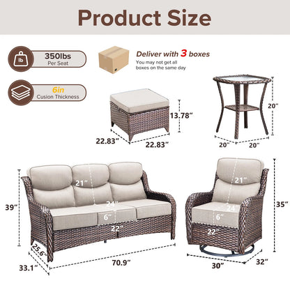 Bellefurn Luxury Outdoor Patio Furniture Set,Swivel Rocker Patio Chairs with 6-inch Thick Cushion,Patio Sofa and Glass Coffee Table,Outdoor Conversation Set for Porch, Deck, Yard