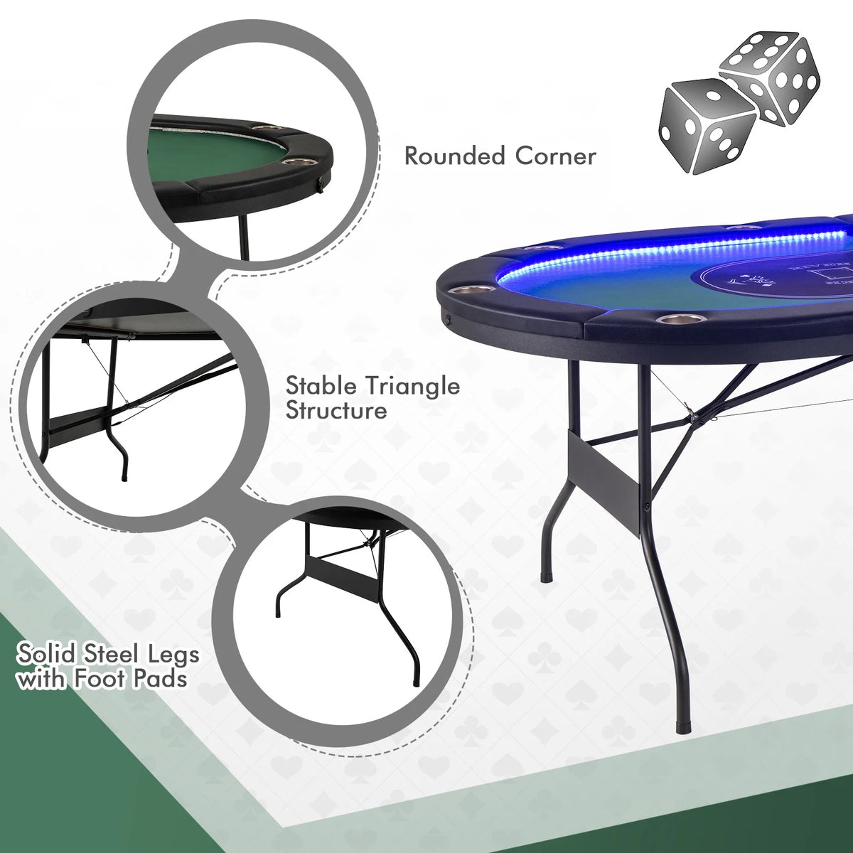 Costway Foldable, USB Ports, Led Lights 10 Player Poker Table, Blue/Black