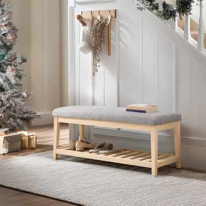 Zesthouse 42.9�?Shoe Bench with Storage, Entryway Bench for Living Room, Bedroom and Hallway, Linen Fabric Upholstered Bench with Solid Wood Shelf, Gray