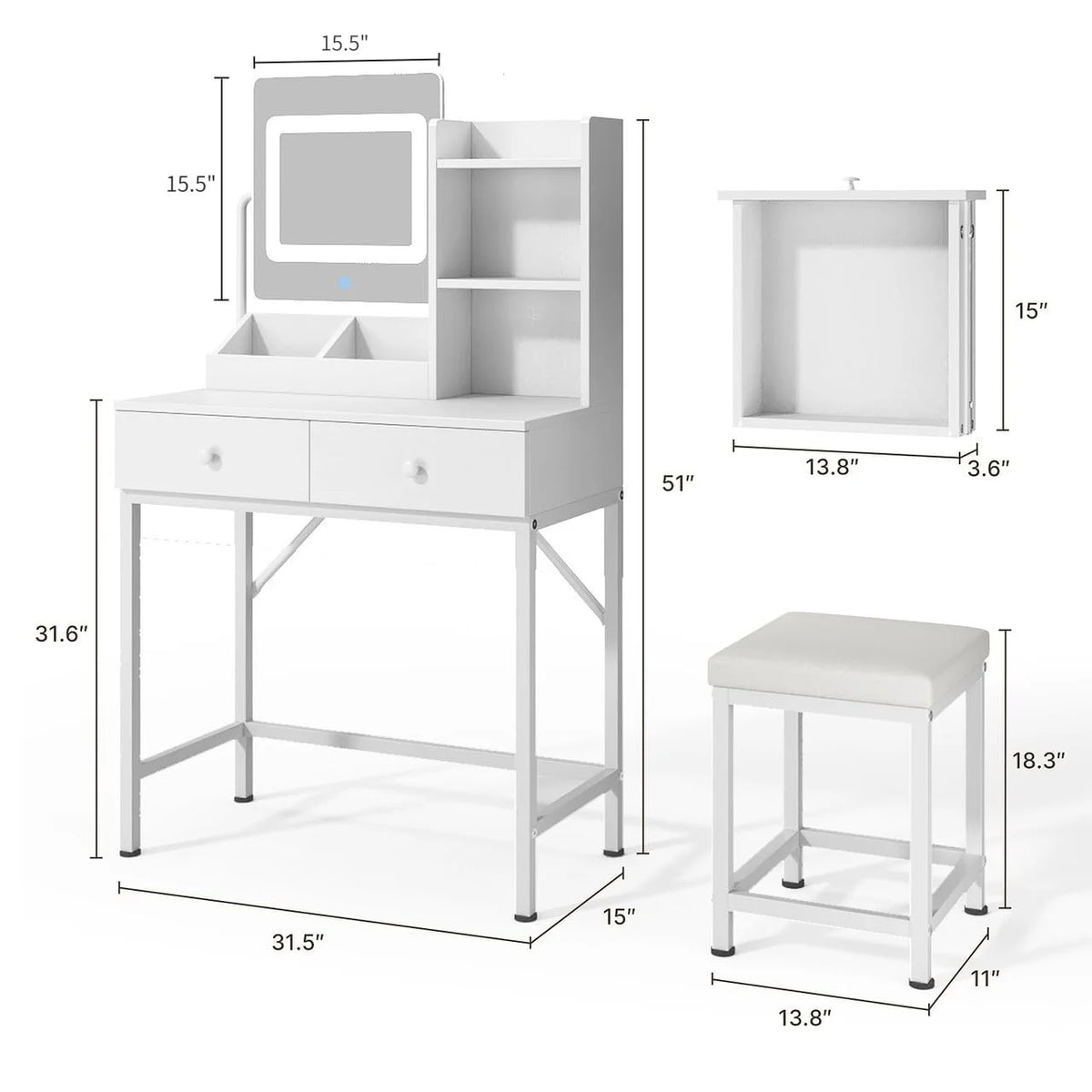 Makeup Vanity Desk with Mirror and Lights, 43.5�� Vanity Table with 5 Drawers & Storage Shelves, White