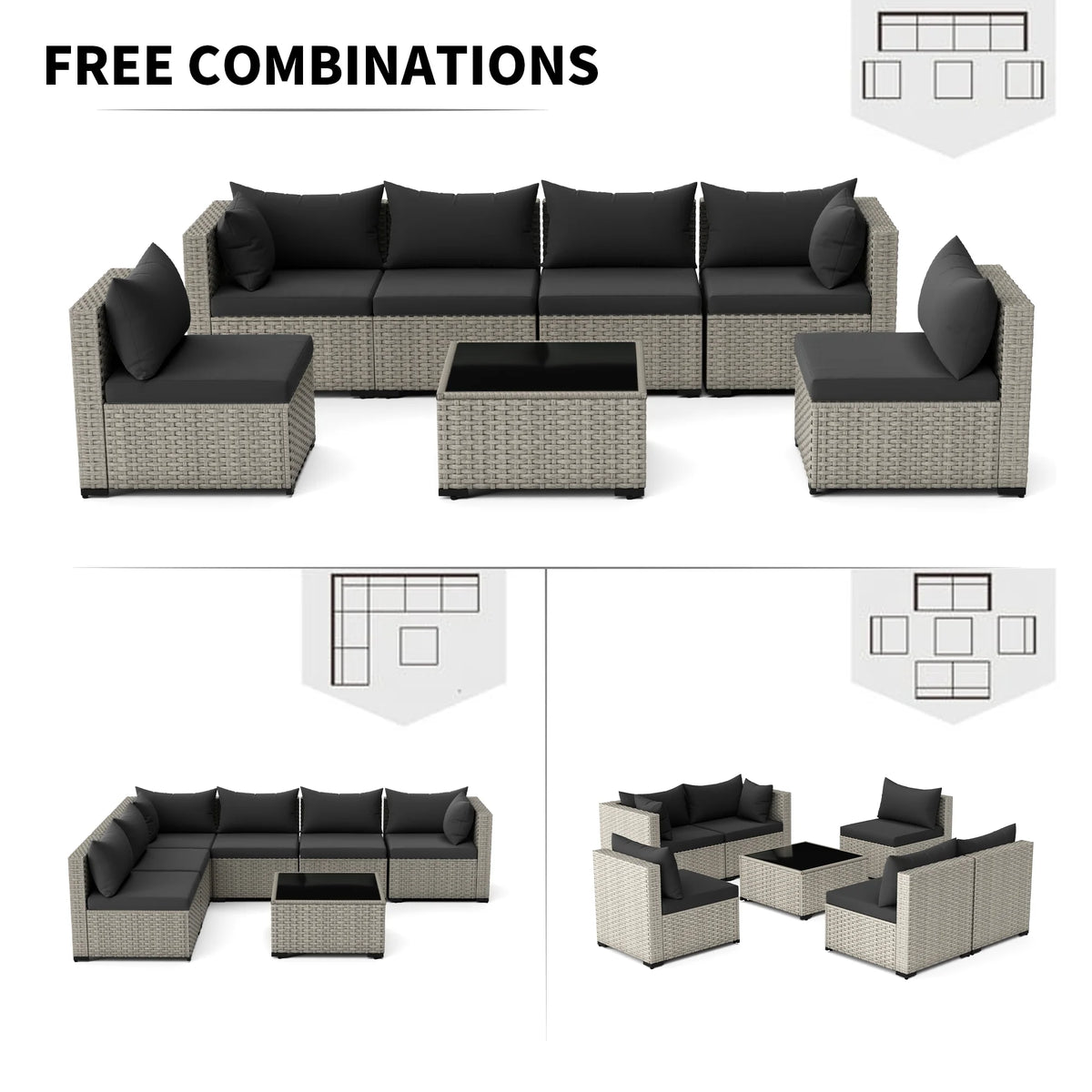 7 Pieces Patio Conversation Set, Outdoor Sectional PE Rattan Wicker Furniture Seat,Dark Gray
