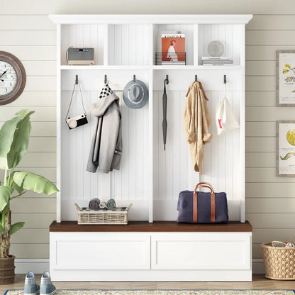 Farmhouse  4-in-1 Hall Tree with Wood Grain Bench, Mudroom Versatile Coat Rack with 2 Large Drawers, Large Entrance Organizer with 6 Black Hooks for Hallway, Living Room, White, 55.9"Wx75.6"H