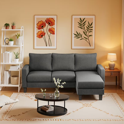 Homall Convertible Sectional Sofa Couch, Modern Linen Fabric L-Shaped Couch 3-Seat Sofa Sectional with Reversible Chaise for Small Living Room, Apartment and Small Space, Dark Gray