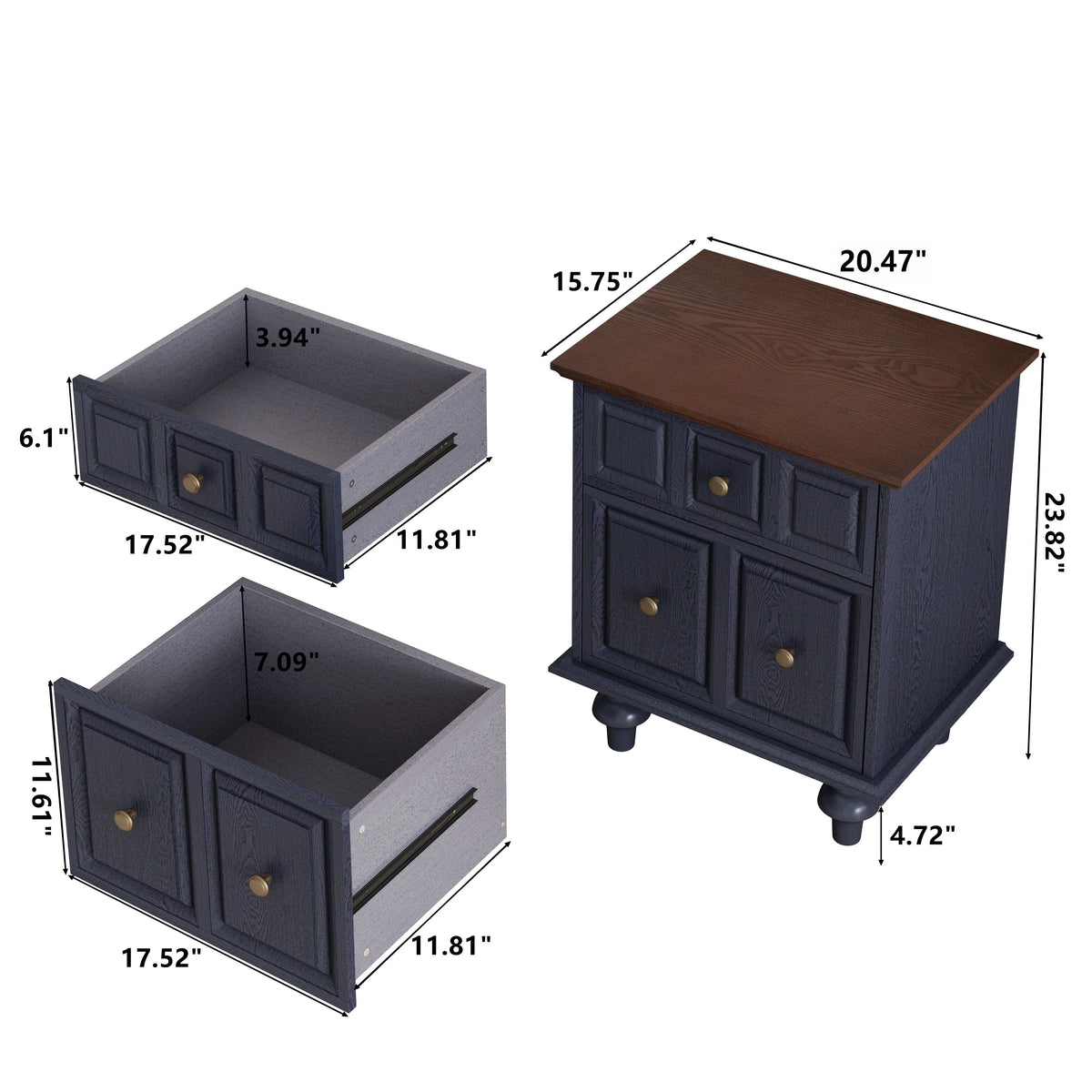 20.47"Vintage Nightstand with 2 Drawers and Roman Column Legs, Solid Wood Bedside End Table, Bedside Cabinet for Bedroom, Living Room(Set of 2)