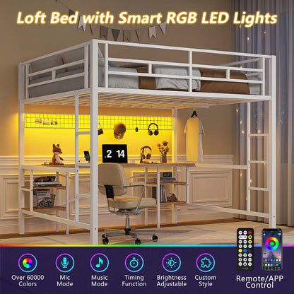 Twin Loft Bed with Desk, UHOMEPRO Metal Loft Bed with LED Lights, Charge Station, DIY Mesh, Clothes Rail, 4 Storage Shelves, Safety Rails and 2 Ladders, Loft Bed for Teen Adult, Black