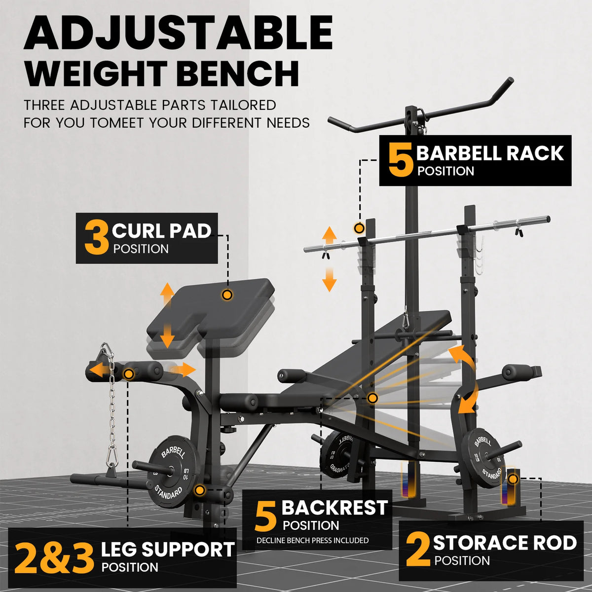 Mikolo Adjustable Weight Bench 800lbs 6 in 1 with Lat Pull Down, Leg Extension and Leg Curl, Chest Fly and Preacher Curl Workout Bench Multi-Function Strength Training Bench Press Exercise Equipment