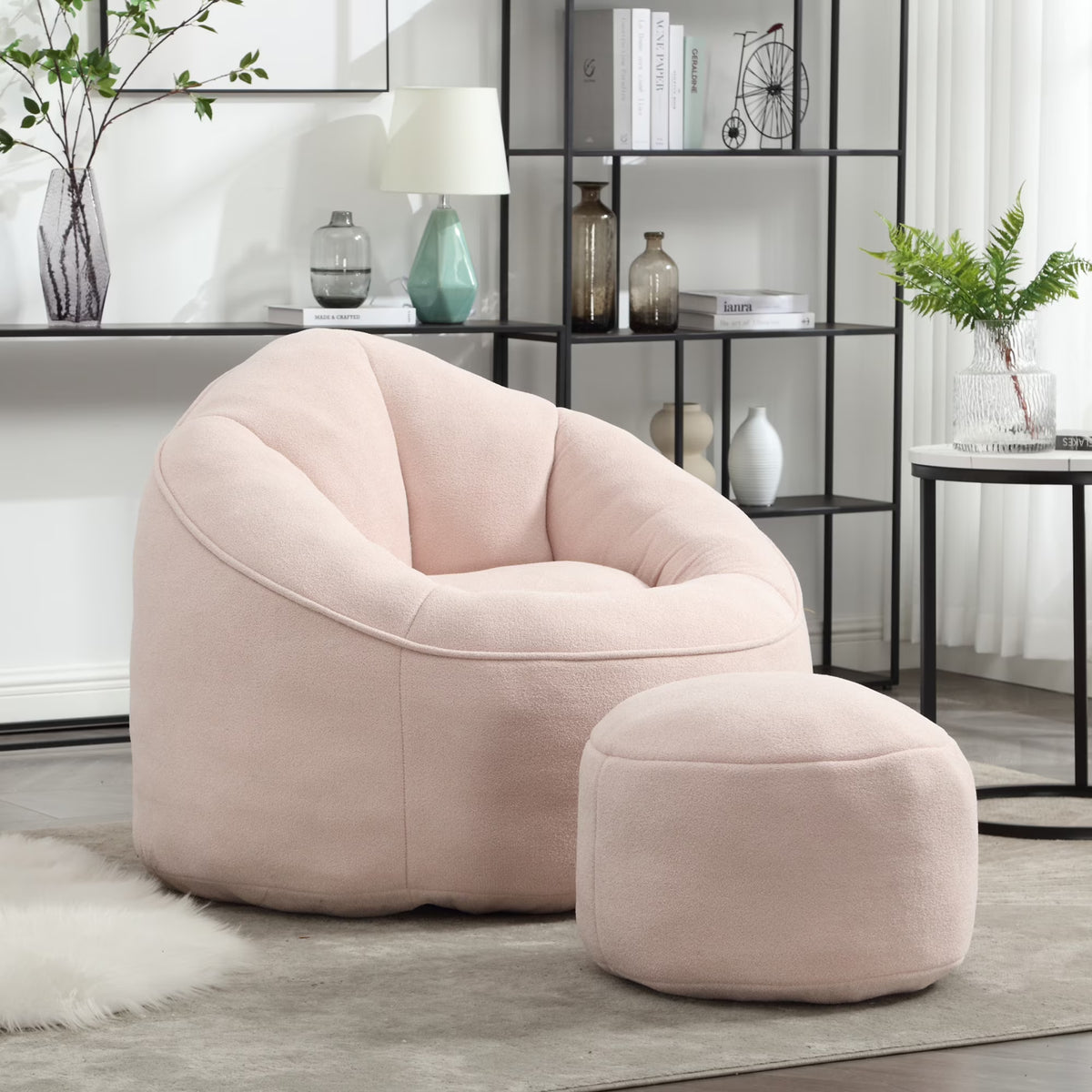 MOONMISS Microfiber Upholstered High Pressure Foam Round Lazy Bean Bag Sofa Chair with Ottoman-Gray