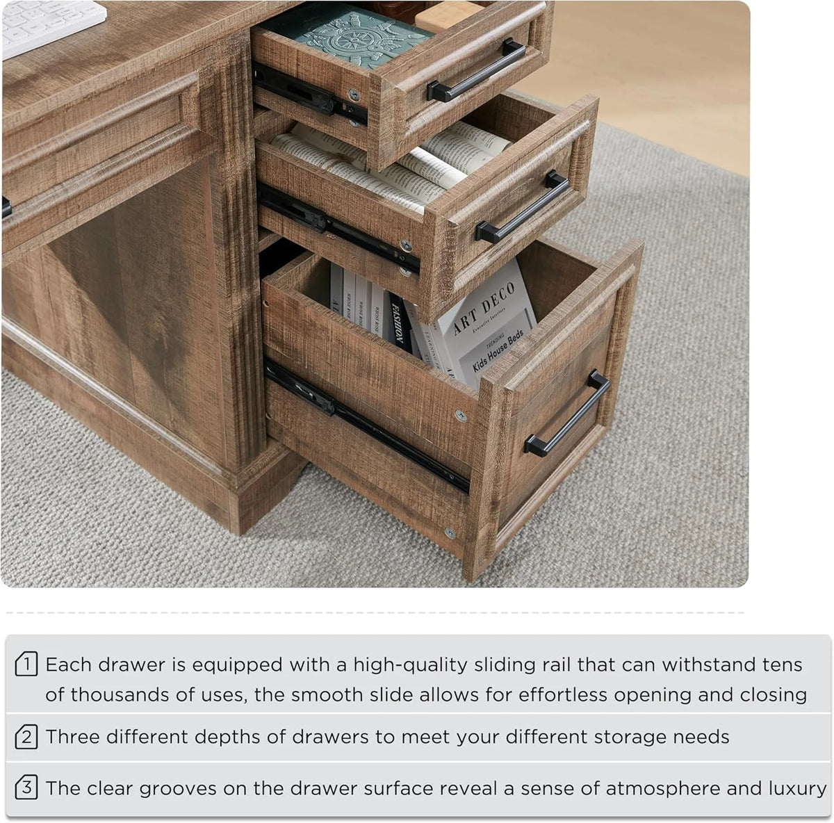 T4TREAM Farmhouse Wood 58" Executive Desk, Home Office 30" High Computer Desk with Drawers and Storage Cabinet, White