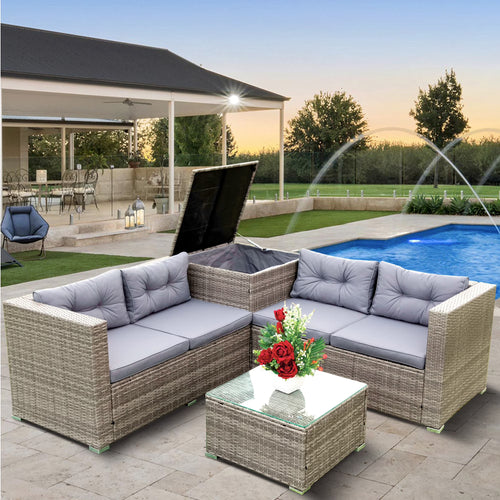 SEGMART 4 Piece Patio Furniture Set, All-Weather Outdoor Sectional Sofa Set, PE Rattan Conversation Set with Storage Box, Table & Cushions, Wicker Furniture Couch Set for Patio Deck Garden