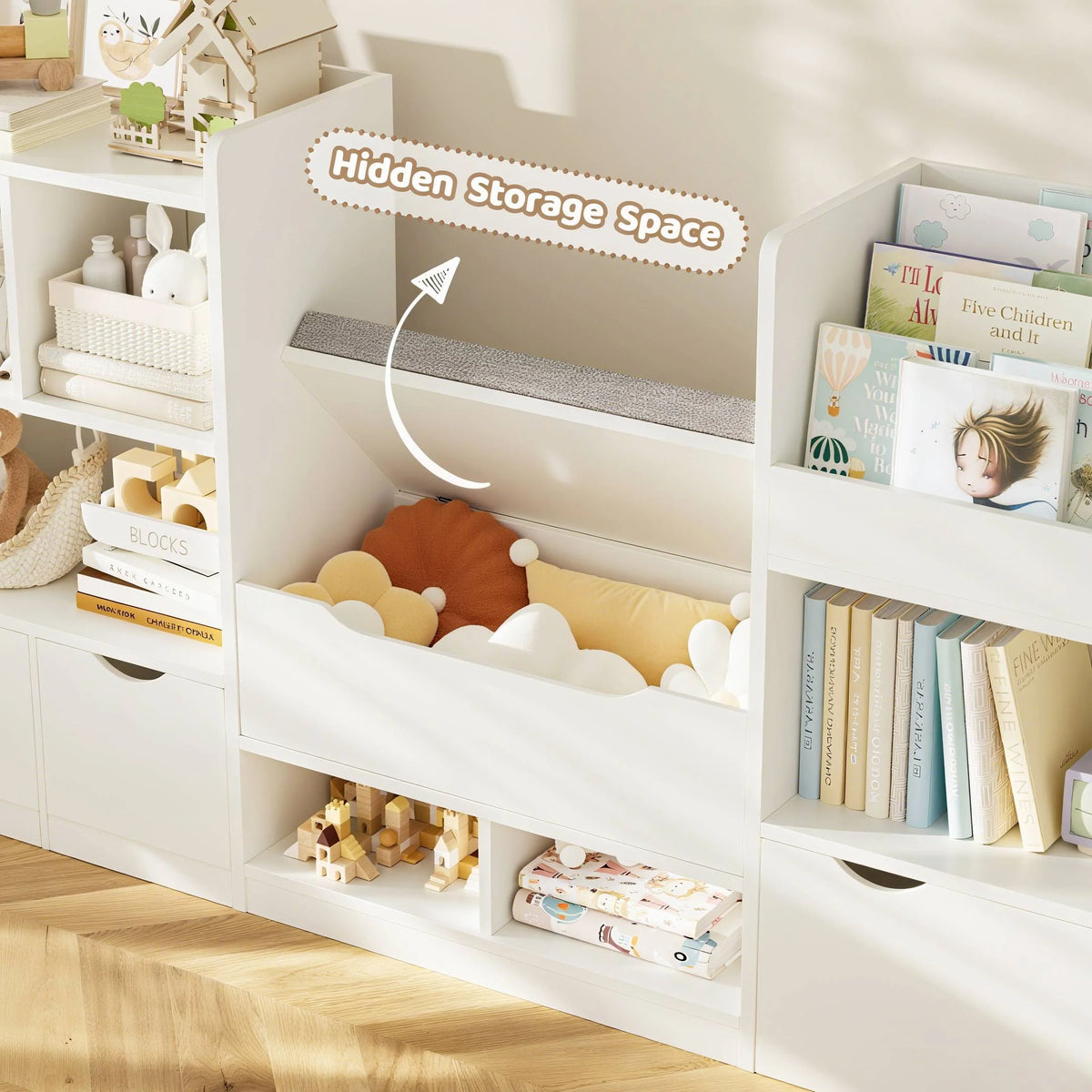 Hiphuta 72"Wide Kids Bookcase with Reading Nook and Under Bench Storage, Wooden Toy Storage Organizer & Book Rack for Kids Room, White