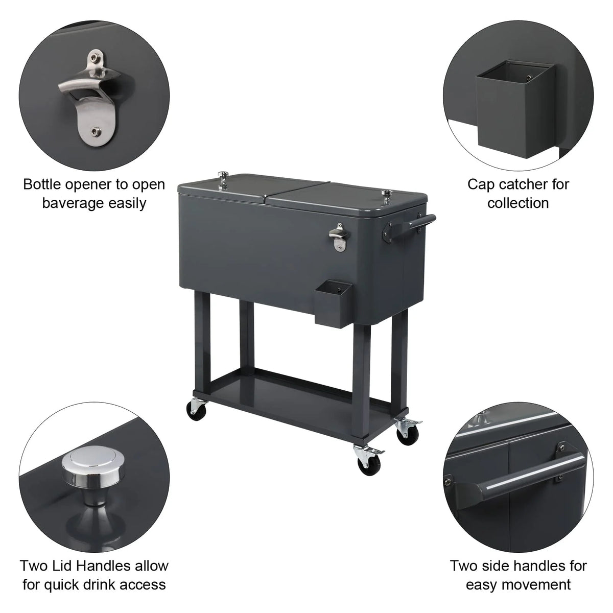BNSPLY 80 Quart Outdoor Cooler Cart Rolling Ice Chest Cooler Cart, Portable Patio Cooler with Bottle Opener, Handles and Drainage, Standing Cooler for Patio Party, Camping and BBQ, Mint Green