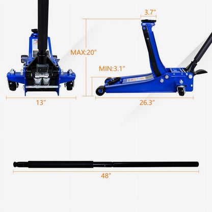 3 Ton Low Profile Floor Jack, Professional Low Profile Hydraulic Jack, Heavy Duty Steel Racing Floor Jack with Dual Piston Quick Lift Pump, 3 Ton (6,600 lb) Capacity, Lift Range 3.1"-20"