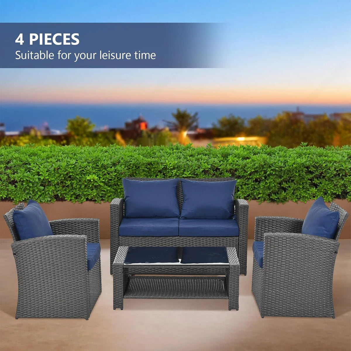 HighSound 4 Piece Patio Furniture Set, Outdoor Wicker Patio Sectional Sofa, All Weather PE Rattan Outdoor Sectional with Cushions & Coffee Table, Dark Gray