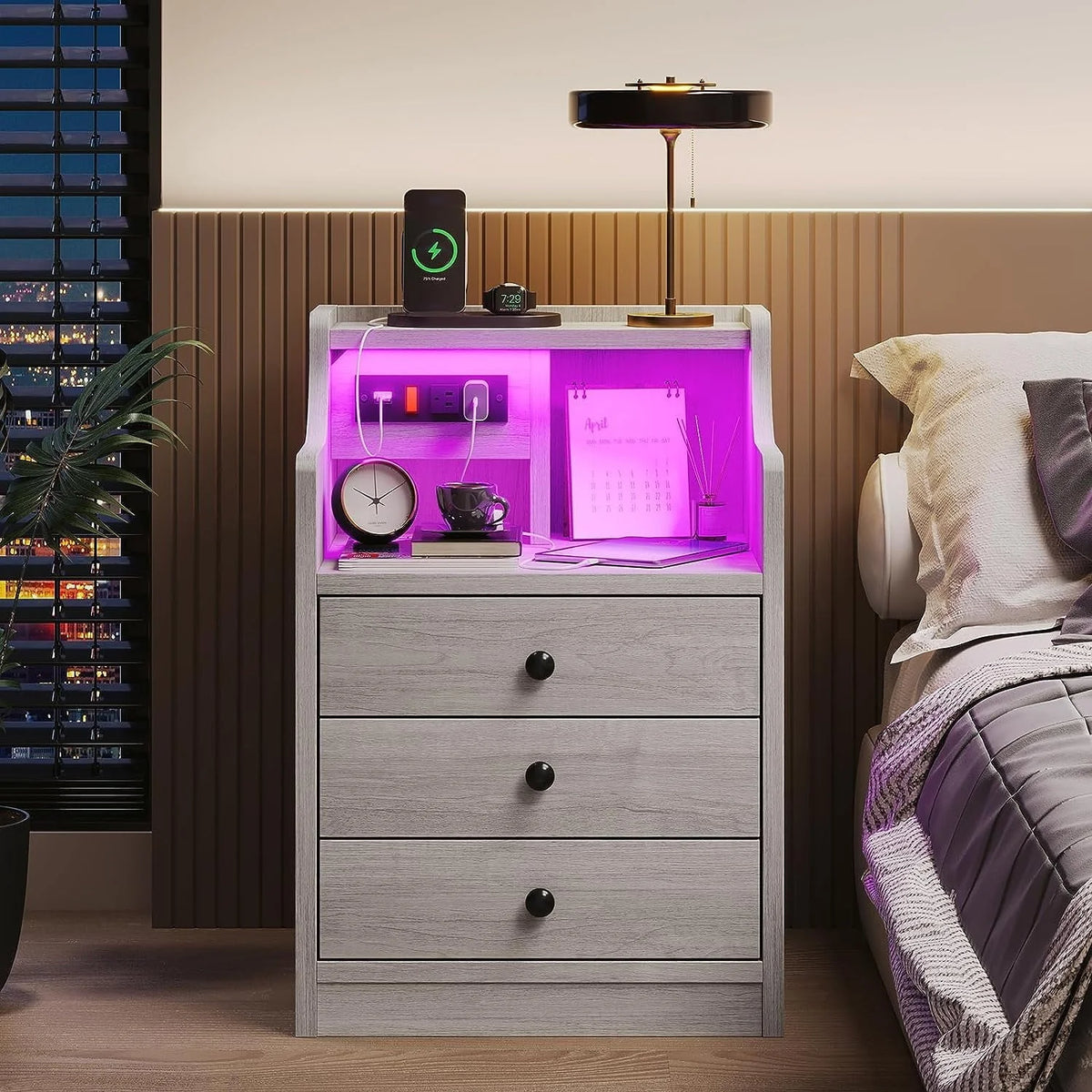 Nightstand with 3 Drawers and Shelves,Night Stand with LED Lights and USB Port Charging Station,LED Bedside Table with Hutch,Black