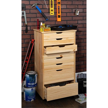 Linon Callie Eight Drawer Rolling Storage Cart in Natural Stained Wood