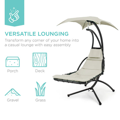 Best Choice Products Hanging Curved Chaise Lounge Chair Swing for Backyard, Patio w/ Pillow, Shade, Stand - Teal