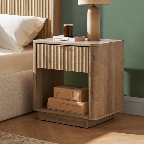Mopio Brooklyn Oak Nightstand, Modern Farmhouse Side Table with Drawer and Storage, Fluted Panel, Curved Profile, Rose Gold Handle