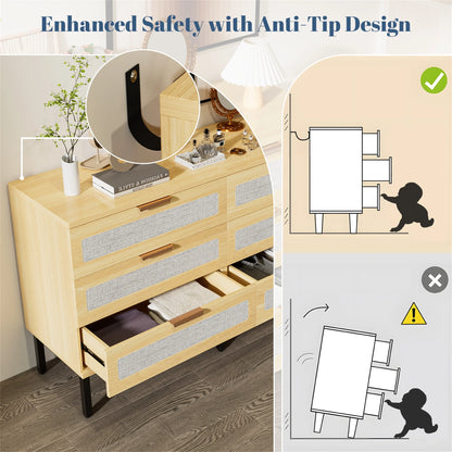 Planntonneo Boho Fluted 6 Drawer Dresser, Wooden Chests for Bedroom