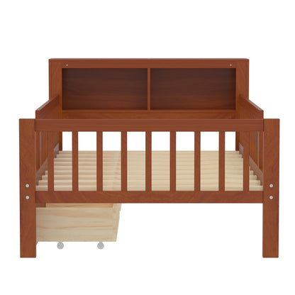 Euroco Wood Twin Size Platform Bed with Storage Headboard and Drawers, Low Profile Bed with Guardrails for Kids and Toddlers, White