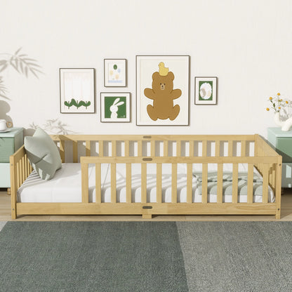 Miniyam Wooden Twin Size Floor Bed with Safety Fence for Kids, Natural