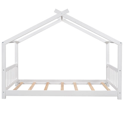 Euroco Wood House-Shaped Twin Platform Bed for Kids, Low Profile House Bed, No Box Spring Needed, Wood Color
