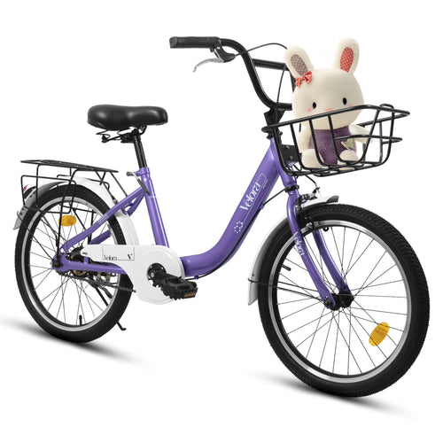 20 Inch Kids Bike for Boys Girls, 1 Speed Children Bicycle with Basket, Rear Seat, Chain Guard, Coaster Brake and V-Brake, Steel Frame Kids Bike for Ages 6-12 Years Old Birthday Gift, Purple