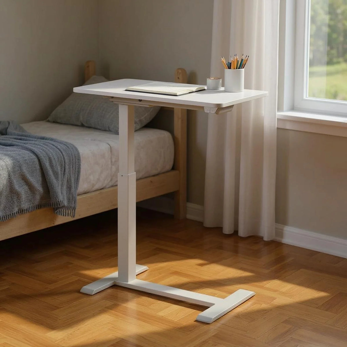 Homy Casa Adjustable Height Lap Desk, Mobile Work Table for Bedside or Sofa, White